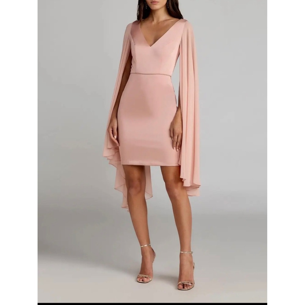 IEENA for Mac Duggal Blush Pink V-Neck Cape Sleeve Cocktail Mini Dress 4